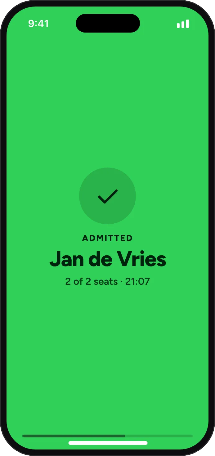 Door mode showing Admitted, Jan de Vries, 2 of 2 seats