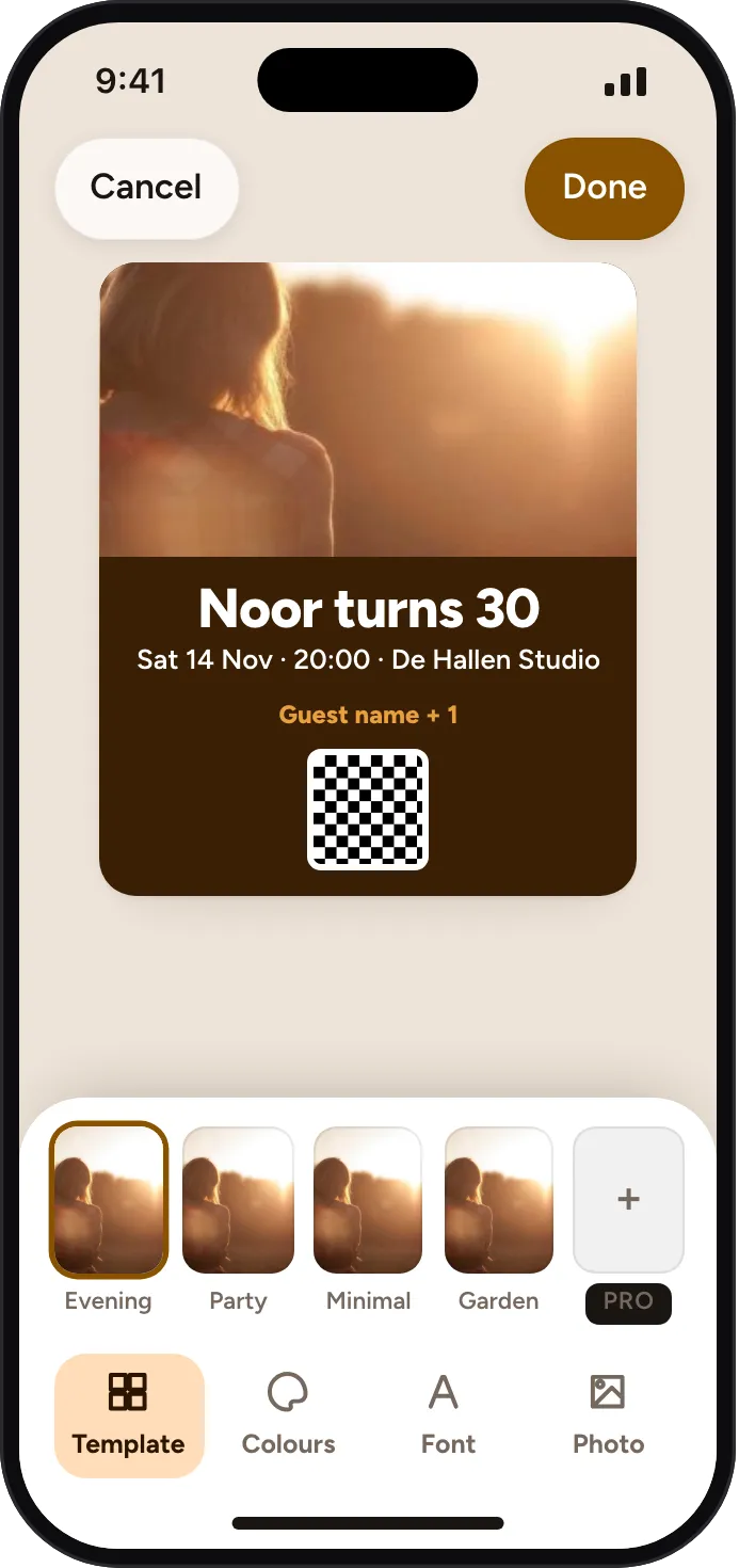 The invite editor with the Evening template